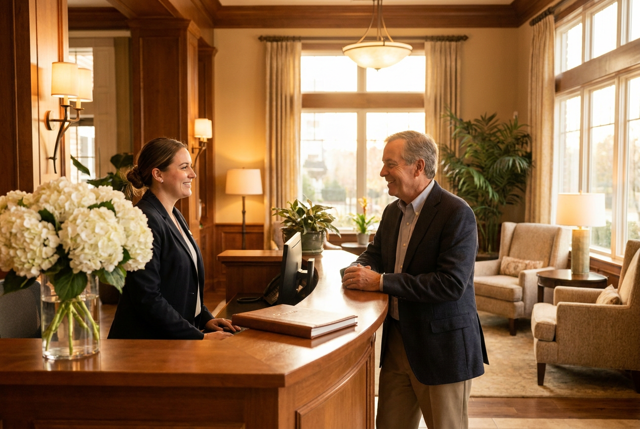 Concierge greeting a resident at the front desk